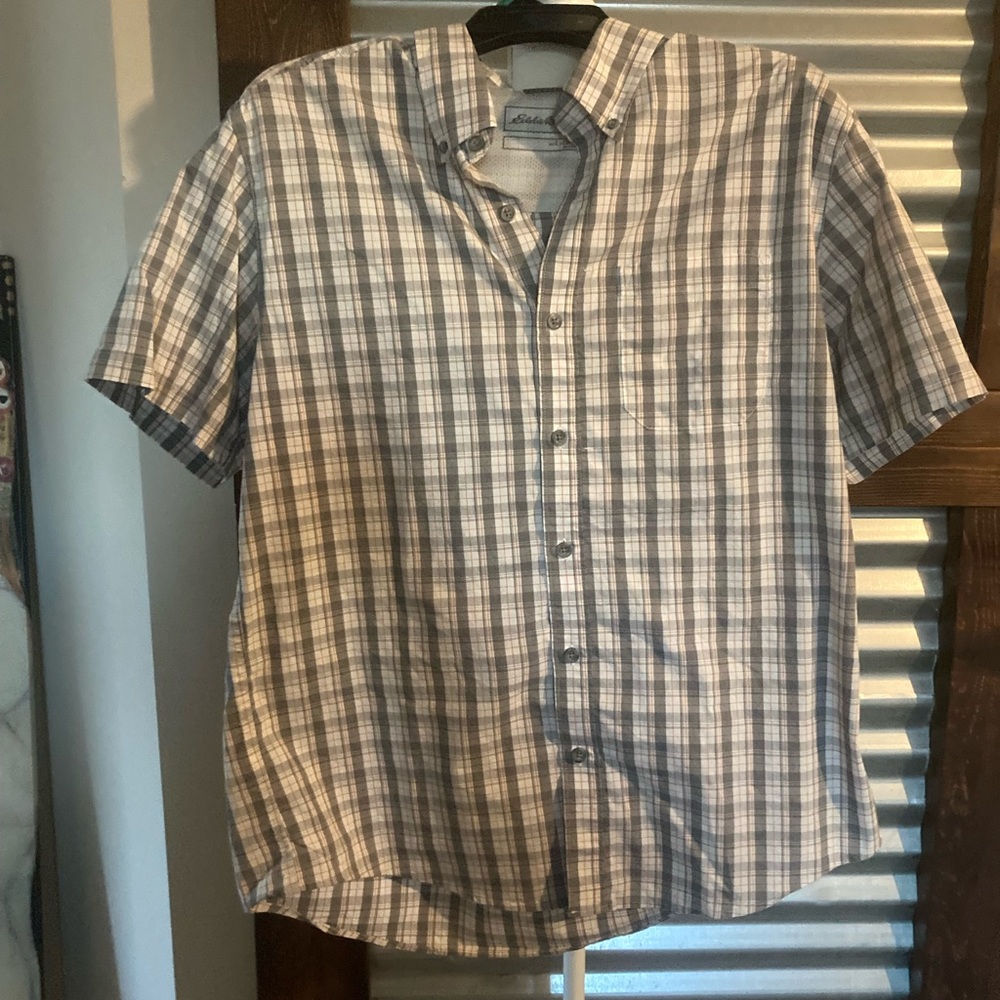 Eddie Bauer Blue and White Casual Button Down Shirt plaid good condition